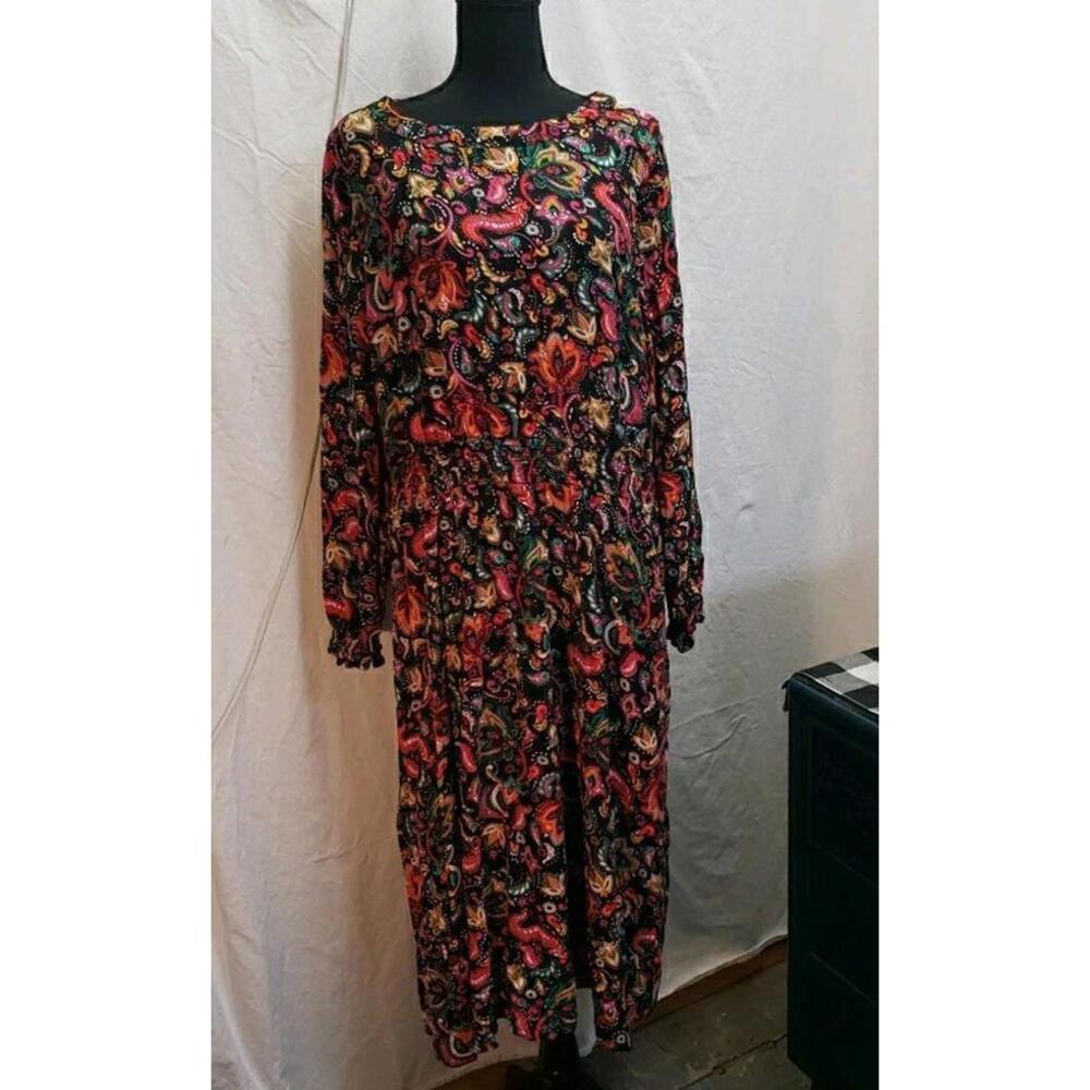 Croft Barrow XL Midi Dress Smocked Long Sleeve Waist Stretch Black Fall Floral
